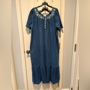 100% Cotton Denim Dress with Embroidered Flowers by Victorian Era